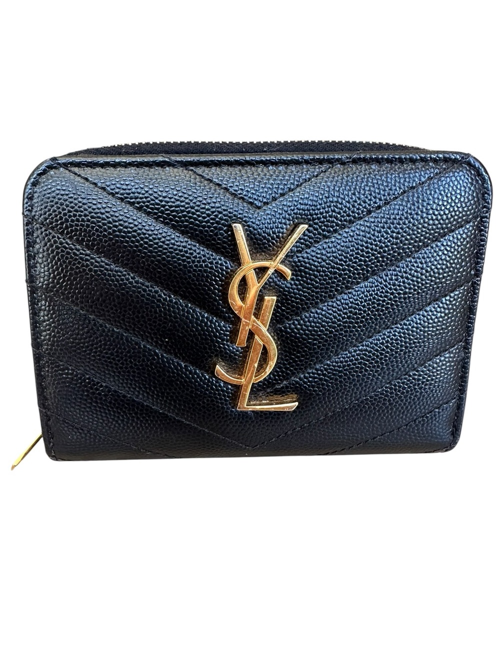 Saint Laurent Black Chevron caviar compact Quilted Zip Card Case with Gold YSL